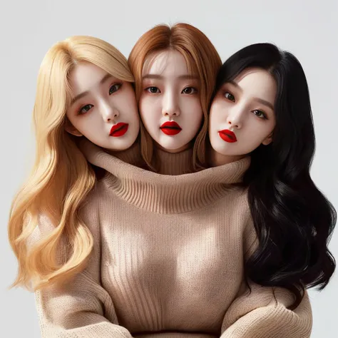 Best resolution, 2heads, korean woman with three heads, red lipstick sweater turtleneck, different faces