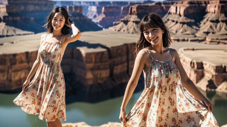 Master piece, CG Unity 8k walpaper, ((Realistic)), Ray Tracing, Beautiful 16 years girl, Korean realistic girl, Ultra Realistic, ultra HD, ((peach colour Sundress dress)), (floral Dress)), ((Grand Canyon River)), Standing beside River, River has Floting wa...