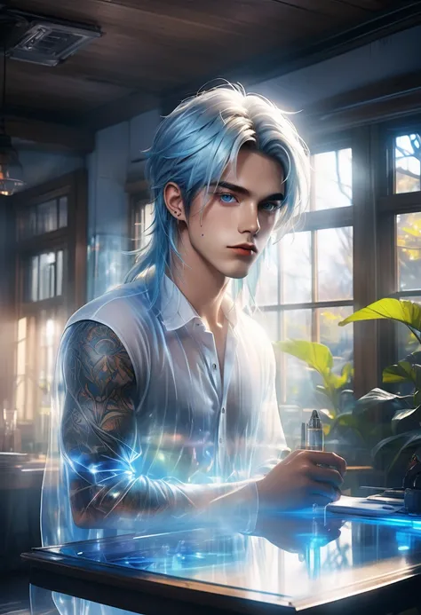 full view of a gorgeous anime male beautifulsensual,25 years old, blue pastel eyes, white wisp silky long hair pulled up, freckles, piercings and tattoo foil masterpiece neon body art, drawing on a high tech glass draft drawing table, with blue print works...