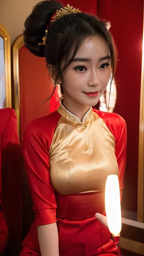 (8K, highest quality, masterpiece: 1.3), (realistic, photorealistic: 1.4), ultra high definition, (ao dai), (red clothes), (japanese female), (high-definition cute face), (large breasts), brown hair, ponytail hair, professional lighting, (closed mouth: 1.2...