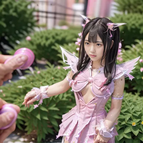 Highest quality, masterpiece, Very detailed, 8K, a 15 years old beautiful Japanese woman:1.5, Small face, blunt bangs, Black hair ponytail, ((Woman crucified on the cross:1.5, Breast Augmentation Surgery)), (Detailed pink magical girl heroine costume:1.5),...