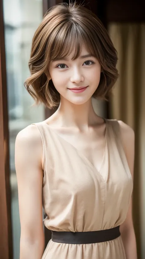 ((Best Quality, 8K, Masterpiece: 1.3)), 1 Girl, Slim Abs Beauty: 1.3, (Hairstyle Brown Hair Shortcut, ), casual Dress, Super Slender Face, Delicate Eyes, Double Eyelids, Smile, Home, Raw Photo