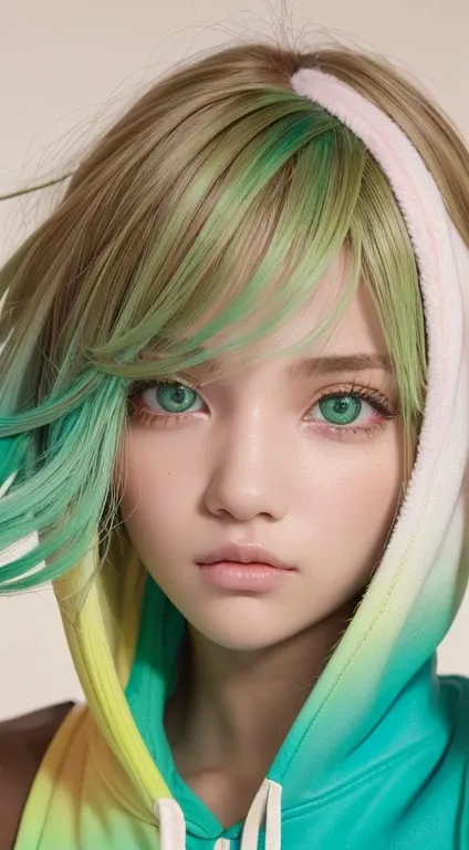 1girl, solo, solo focus, cowboy shot, portrait, oversized hoodie, aqua green and white hoodie, half aqua, half green, ((brown hair)), (yellow hair), (gradient hair :1.5), curly hair, ((pink eyes)), hyperdetailed eyes, tan, (caramel dark skin:1.1), best qua...