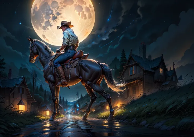 cowboy riding a horse on a road , at night, In a valley, In the sky stars and a very big MOON, dark surroundings