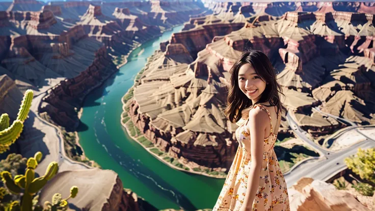 Master piece, CG Unity 8k walpaper, ((Realistic)), Ray Tracing, Beautiful 16 years girl, Korean realistic girl, Ultra Realistic, ultra HD, ((peach colour Sundress dress)), (floral Dress)), ((Grand Canyon River)), Standing beside River, River has Floting wa...