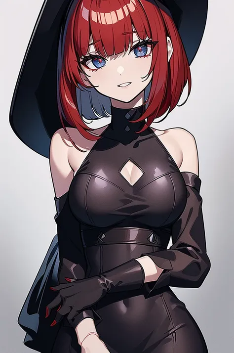 a beautiful girl with red hair wearing a black dress, detailed facial features, bob haircut, full body illustration, woman weari...