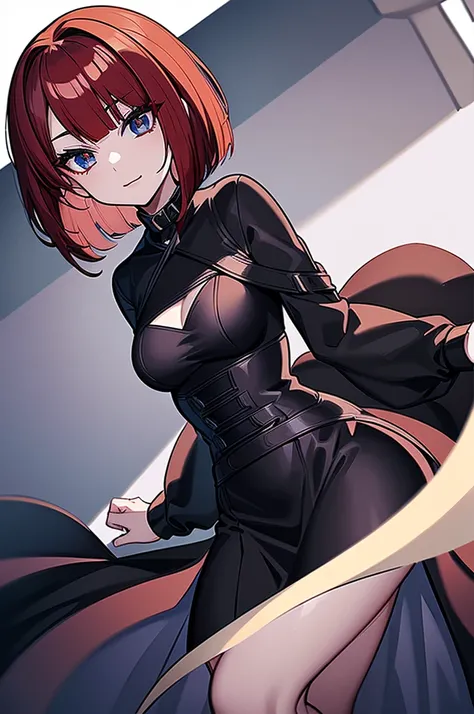 a beautiful girl with red hair wearing a black dress, detailed facial features, bob haircut, full body illustration, woman wearing a long black and red coat, solo character, white background, anime style, highly detailed, photorealistic, 8k, best quality, ...