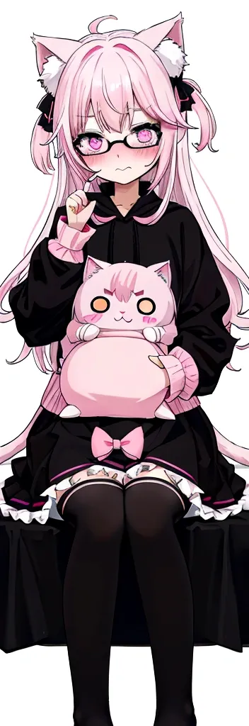 I have white pink hair, cat ears, a bow, my face is super blushing, black glasses, pink heart eyes, a big pink sweatshirt, a black skirt, black stockings, what&#39;s up, barefoot, a cat&#39;s tail, a girl Very shy