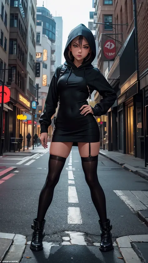 there is a woman in a black outfit posing on the sidewalk, at a city street, on sidewalk, on the sidewalk, on a street, on the street, on the street, posing in an urban street, in city street, gothic city streets behind her, in a hood, tights; on the stree...