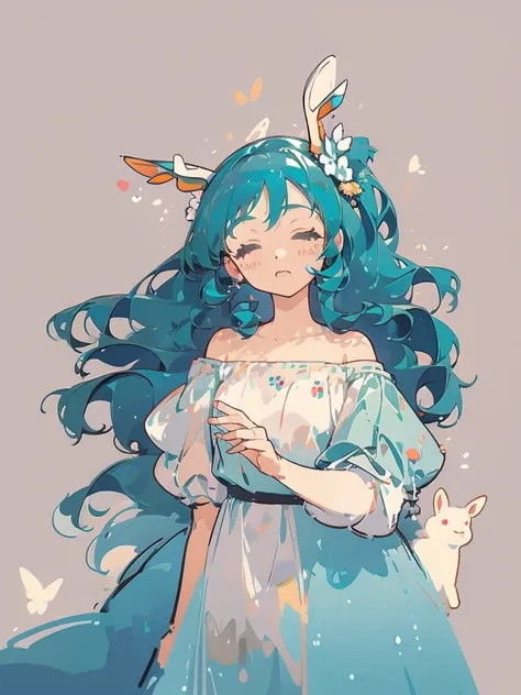 bust-up, 1girl, long tosca blue hair, deer ears, white deer antlers, butterfly hair ornament, blue flower, elegant white off shoulder dress, teaseful expression, splash background, solo, sketch, portrait, simple background