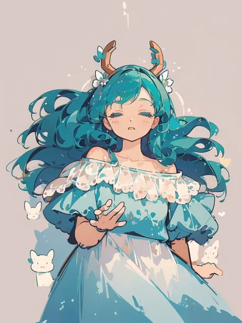 bust-up, 1girl, long tosca blue hair, deer ears, white deer antlers, butterfly hair ornament, blue flower, elegant white off shoulder dress, teaseful expression, splash background, solo, sketch, portrait, simple background