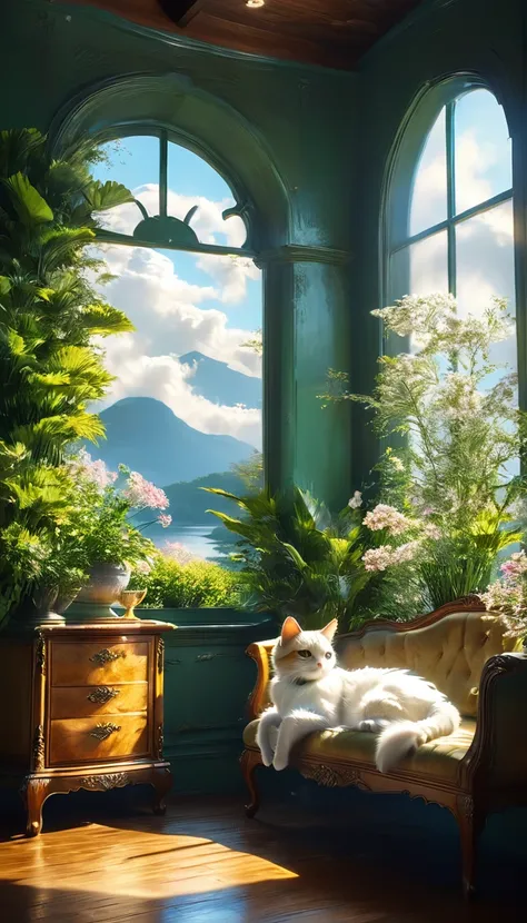 bigきな窓から雲がかかった楽園の眺めが楽しめる、create a tranquil scene with a cat in a cozy room。, 4kと8kの解像度in非常に詳細なデジタルアートinレンダリング, uses octane、inspi...