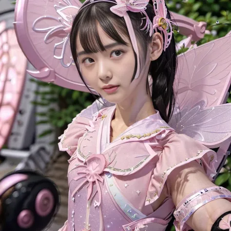 Highest quality, masterpiece, Very detailed, 8K, a 15 years old beautiful Japanese woman:1.5, Small face, blunt bangs, Black hair ponytail, ((Woman crucified on the cross:1.5, Breast Augmentation Surgery)), (Detailed pink magical girl heroine costume:1.5),...