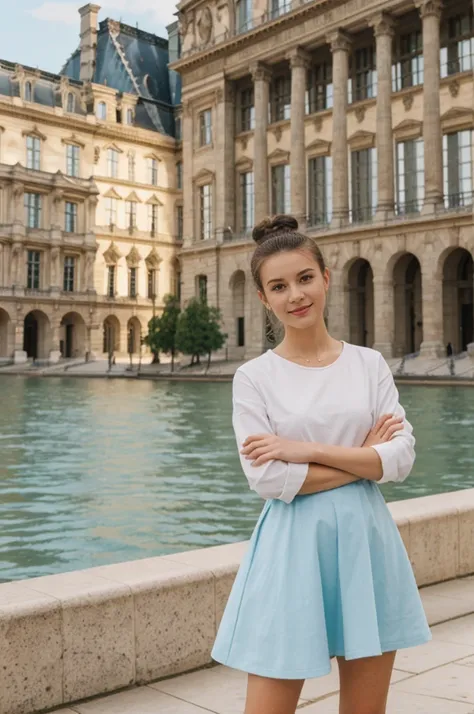 her name is An, high quality, 1girl, ((20-year-old fit Caucasian woman)), ((20 years old)), ((fit)), ((hair in a bun)), pose: standing, wearing pastel colored unique gen Z modern wear, BACKGROUND: "Your home exterior is a blend of classical architecture an...