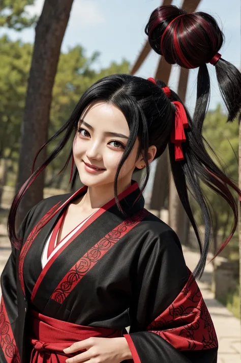 Kimetsu no Yaiba, Female gender, black hair with red highlights, red eyes, with a slight smile, in a korean , Walking and the Air making your hair fly