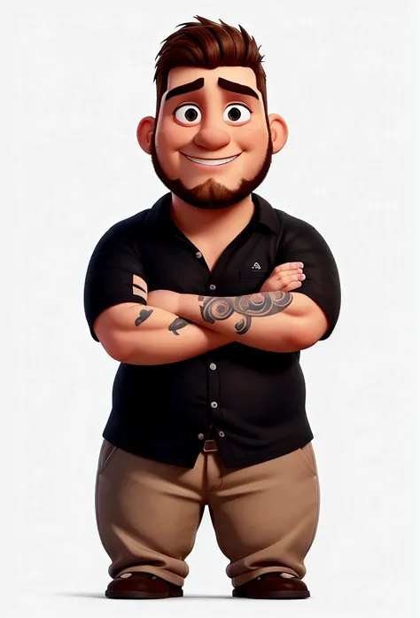 A 25 year old man with his arms crossed , with a chubby face , with tattoo on the right arm , earring in both ears, Grinning , with a thin beard, black leagwear , the background as if it were a marketing agency full of computers and laptops
