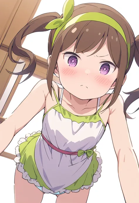 futaba,1girl,solo, brown hair, hairband, purple eyes, blush,looking at viewer, closed mouth, bangs, dress, green hairband,dress,twintails, white background, panties