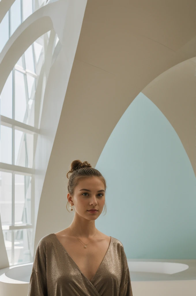 her name is An, high quality, 1girl, ((20-year-old fit Caucasian woman)), ((20 years old)), ((fit)), ((hair in a bun)), pose: standing, wearing pastel colored unique edgy gen Z modern wear, BACKGROUND: "Inside the Guggenheim, the organic curves and shimmer...