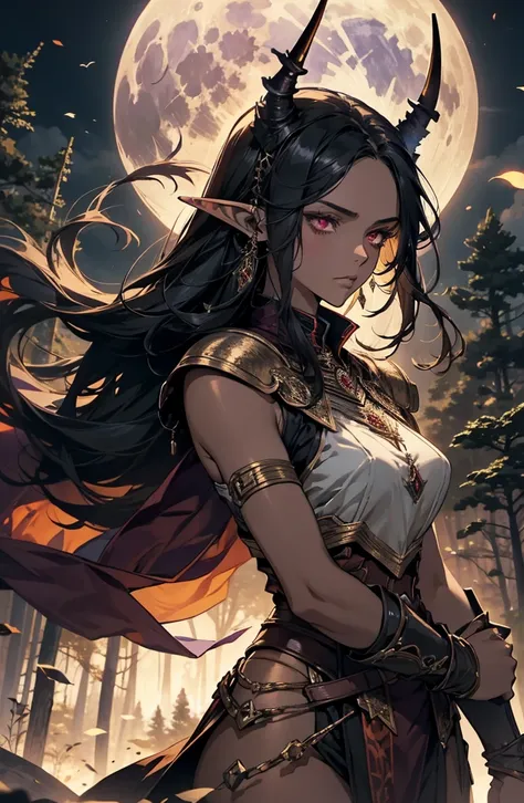 brown skin, older woman, sexy, tall, brown skin, bored, one wing, black hair, elf, elf ears, horns, red eyes, sleeveless, black armor, yellow, night, moon, purple forest, dramatic composition