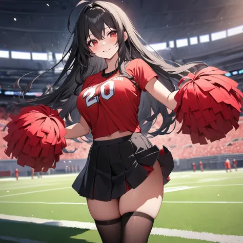 A woman wearing a red sports shirt, with a white number 20 on the shirt, black skirt, cheerleader style, long black socks, sports sneakers, with a pair of red materialized pompoms in her hands, big breasts, black hair, long hair, ahoge, Red eyes, smiling, ...