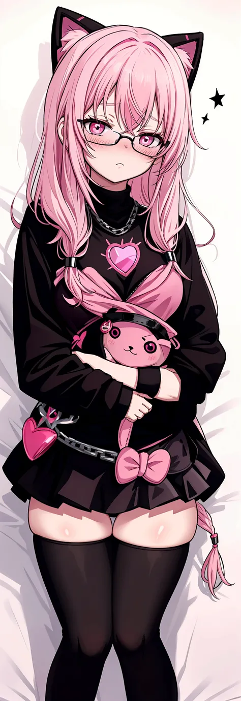 pink hair black glasses pink eyes extremely blushing a big pink sweater a short black skirt at the waist some chains black stockings that she is a reserved girl in her bed that she is hugging a stuffed animal of one among her