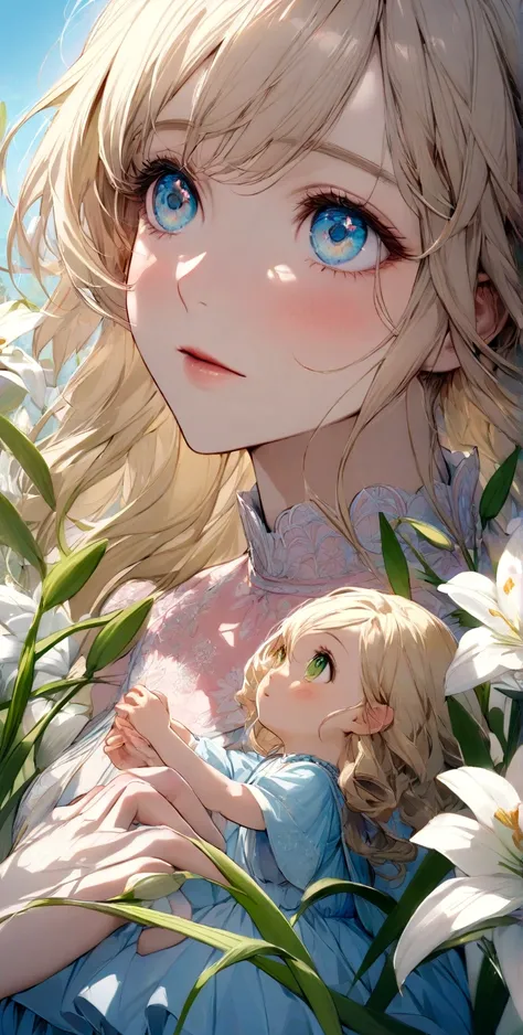 Anna, with her long, wavy blond hair, warm green eyes, and pink dress with a floral pattern, gently places a hand on Lilys shoulder. Lily, with her long blond hair, sparkling blue eyes, and light blue dress adorned with small flowers, looks up at her mothe...