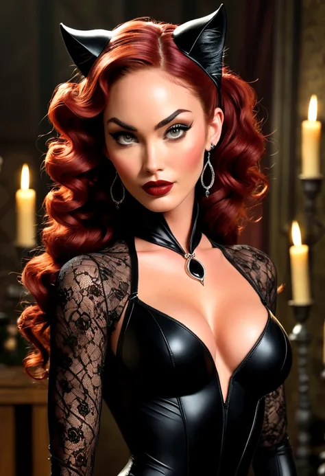 Full body shot Megan Fox catwoman, ringlets wavy five feet long red hair, updo hairstyle with ponytail on one side and long hairpins holding the bun long braid, strong thighs, dark red glossy lips, heavy black eye shadow long black eyeliner, long sharp cla...