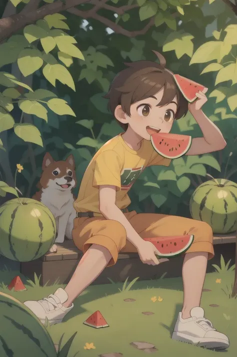 masterpiece,best quality,ruit,1boy,solo,eating,holding watermelon,male focus,brown hair,yellow shirt,pants,holding,open mouth,sitting ground,smile,short sleeves,white footwear,sky,forest,dog,(more Cut Watermelon:1.1),