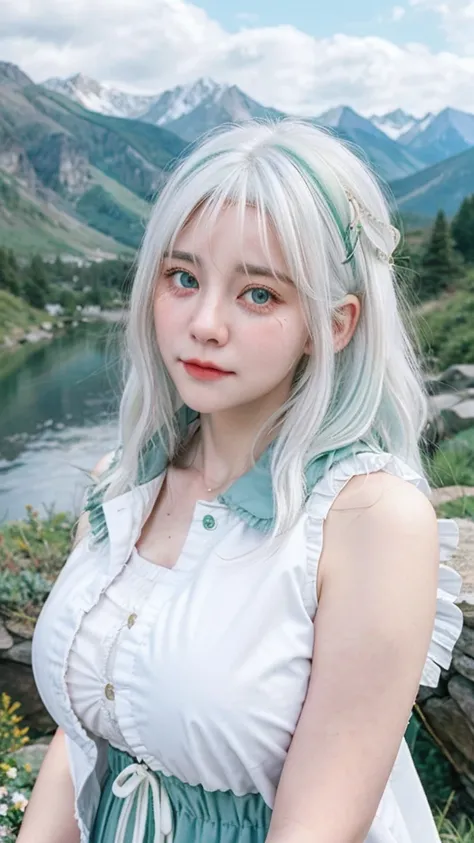 Beautiful Girl, Beautiful, Baby Face, 30 Years Old, White Skin, Big Breasts, ((Coatumes)), Pastel Colors, Green Eyes, Mountain valley background, Masterpiece, ((White hair)), Sleeveless, Front Fancing, ( (Portrait:1.1 )), ((Tear:1.2))