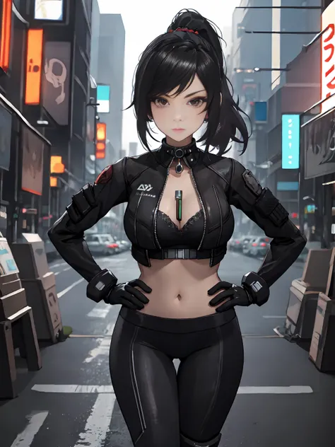 (masterpiece, best quality, aesthetic:1.4,) 1girl, Cyberpunk, futuristic, Yelan, BREAK, symmetrical face, highly detailed face, black hair, long hair, ponytail, holographic interface, BREAK, crimson eyes, highly detailed eyes, BREAK, large breasts, tight c...