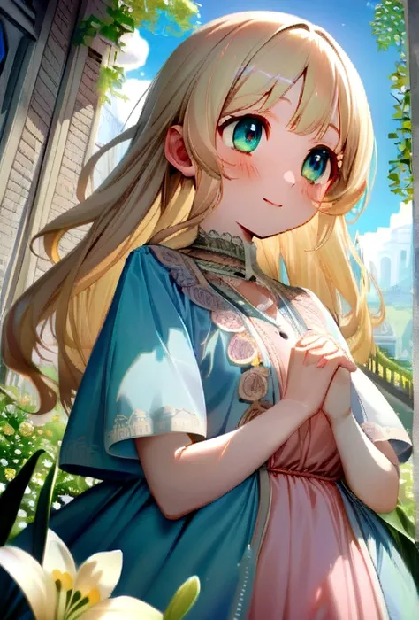 Anna, with her long, wavy blond hair, warm green eyes, and pink dress with a floral pattern, gently places a hand on Lilys shoulder. Lily, with her long blond hair, sparkling blue eyes, and light blue dress adorned with small flowers, looks up at her mothe...