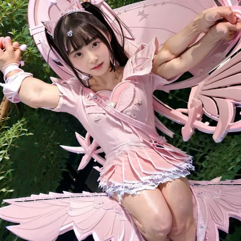 high quality, masterpiece, Very detailed, 8K, a 15 years old beautiful Japanese woman:1.5, Small face, blunt bangs, Black hair ponytail, ((Woman crucified on the cross:1.5, Breast Augmentation Surgery)), (Detailed pink magical girl heroine costume:1.5), re...