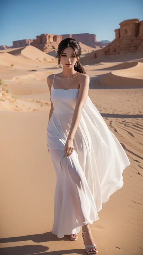 A beautiful woman in a white dress is walking in the desert