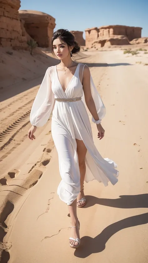 A beautiful woman in a white dress is walking in the desert