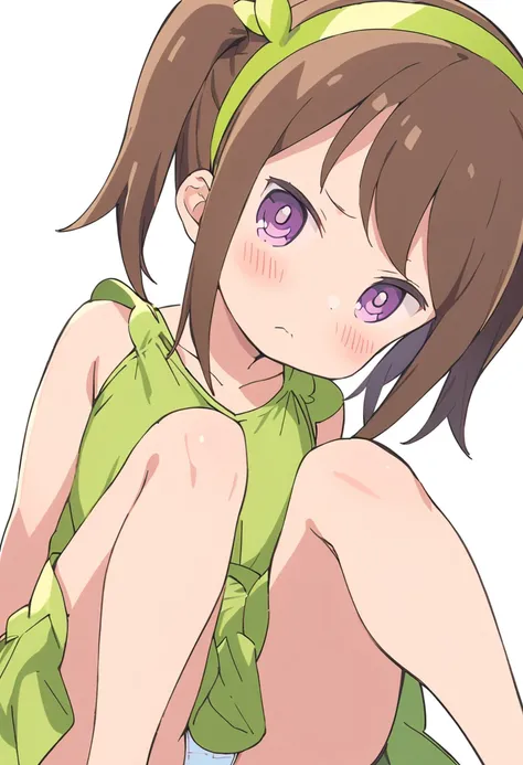 futaba,1girl,solo, brown hair, hairband, purple eyes, blush,looking at viewer, closed mouth, bangs, dress, green hairband,dress,twintails, white background, sitting, knees up, (panties:1.35)
