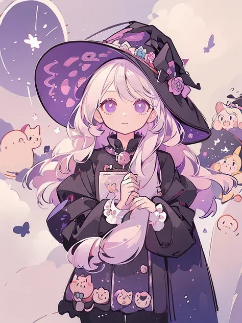 bust-up, 1girl, witch, beautiful witch, long white hair, purple eyes, holding a black umbrella, illustration, perfect eyes, perf...