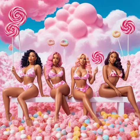 advertising poster, Promotional Photo of the Single Pop Rap CALIFORNIA GIRLS by the artist called Doja Cat, in the pink clouds dressed in bikinis, spread across the image various sweets, candies, lollipops, jellies, hair down to the feet, big ass, perfect ...