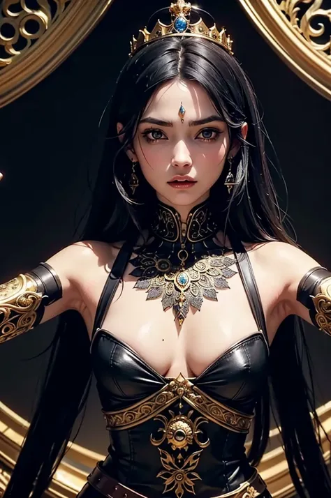 A woman with a dagger in her hand. She wears ornate, dark armor adorned with fur-lined shoulders, very small crown. Her expression is commanding, her eyes are yellow, her flowing black hair contrasting with the gotic background. Her breast are medium and s...