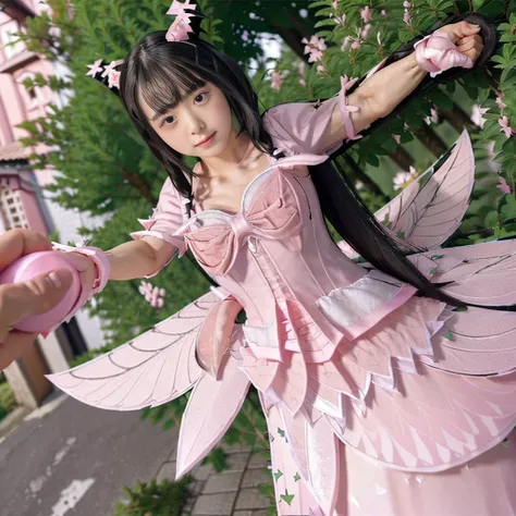 high quality, masterpiece, Very detailed, 8K, a 15 years old beautiful Japanese woman:1.5, Small face, blunt bangs, Black hair ponytail, ((Woman crucified on the cross:1.5, Breast Augmentation Surgery)), (Detailed pink magical girl heroine costume:1.5), re...