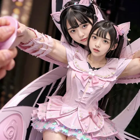 high quality, masterpiece, Very detailed, 8K, a 15 years old beautiful Japanese woman:1.5, Small face, blunt bangs, Black hair ponytail, ((Woman crucified on the cross:1.5, Breast Augmentation Surgery)), (Detailed pink magical girl heroine costume:1.5), re...