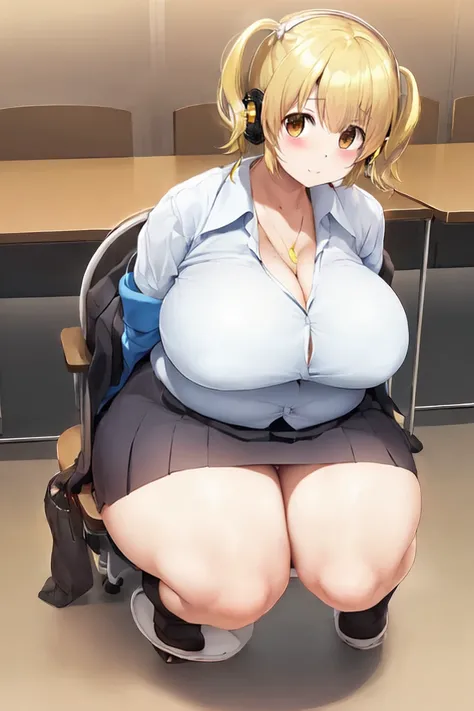 Masterpiece, better_quality, 1 girl, Alone, Great Pochaco, by rubio, chubby, huge breasts, thick thighs, office suit, (neckline:1.3), Skirt, socks, (panties), seductive