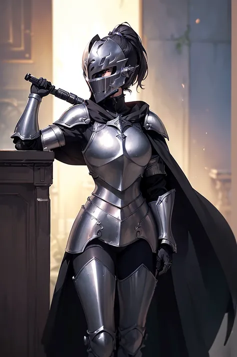 (masterpiece; best quality: 1.2), ((full armored knight woman)), ((solo)), (black eyes: 1.4), (body; toned, lithe, femenine: 1.3), (beautiful and clear background: 1.2), ((depth of field)), (equipment: full plate all-dark full-black realistic armor + close...