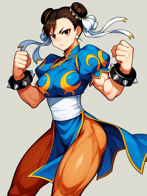 in kinu-sensei artstyle, Kinu Nishimura style, muted pastel colors, medium breasts, Chun-Li, The image features Chun-Li, a character from "Street Fighter 2." She is depicted with a stern expression and a strong stance, Chun-Li has her signature hairstyle w...