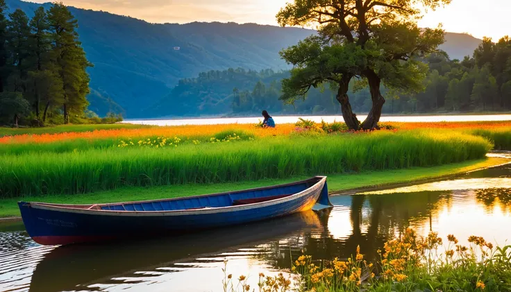 sight, nature, sky, outdoors, water, tree, grass, lake, flower, boat, sunlight, transport mode of transport, reflect, solo, river, female, forest, sunset, legendary scenery