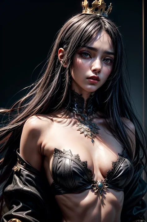 A woman with a dagger in her hand. She wears ornate, dark armor adorned with fur-lined shoulders, very small crown. Her expression is commanding, her eyes are yellow, flowing black hair, gotic background. Her breast are medium and squishy, thin waist, blus...