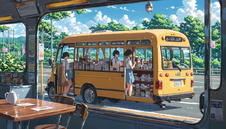 ((anime:1.4,illustration)),(masterpiece, top quality, best quality),(ultra-detailed, absolutely resolution),((16k, high res)), (((cafe in side of bus))), ((anime:1.4,illustration)),(masterpiece, top quality, best quality),(ultra-detailed, absolutely resolu...