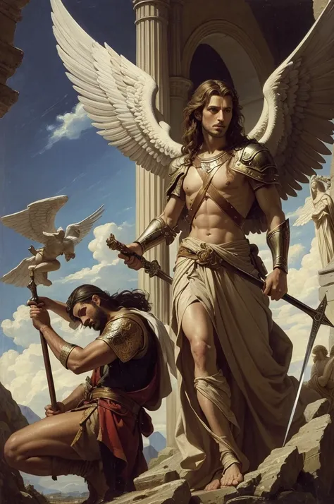 
a painting of a man holding a sword and a sword with a winged figure, digital art by Bernard Meninsky, tumblr, renaissance, saint michael the angel, archangel michael, archangel, jesus christ fighting lucifer, totalitarian socialist angel, lucifer, oil ca...