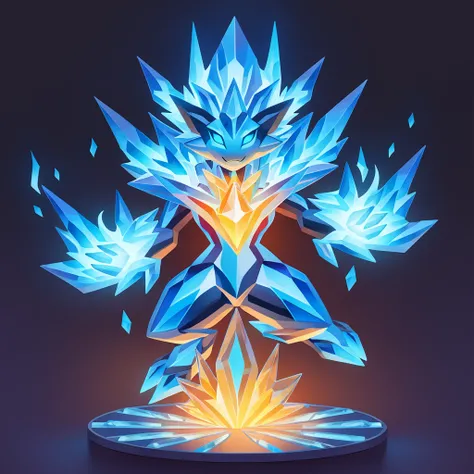 Glowing blue fire elemental in crystal art style