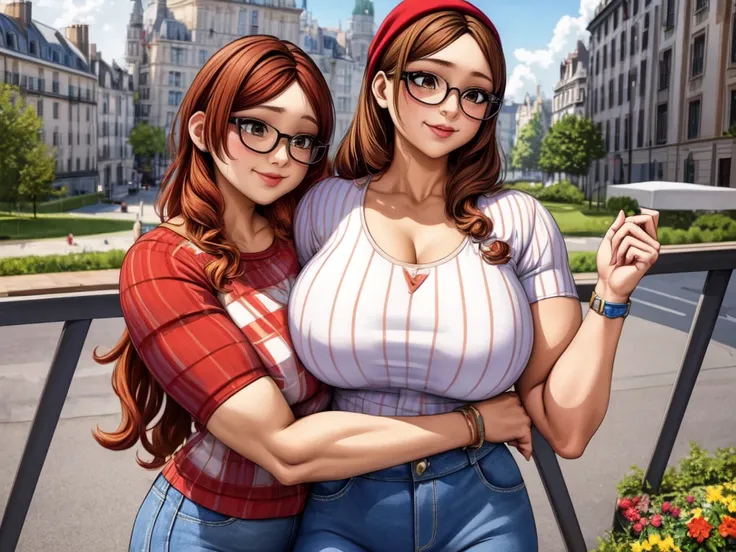 (masterpiece, best quality:1.2), a very muscular and athletic couple , boy Nino Lahiffe: Brown skin, dark hair, wearing a red cap, glasses, and casual clothing like a T-shirt and jeans, and a girl Alya Césaire: Brown skin, curly dark brown hair, often wear...