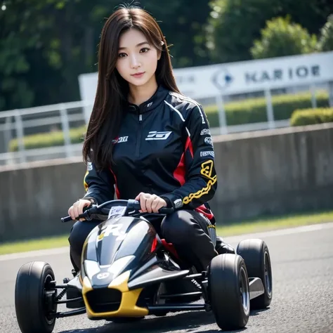 Racing Kart、circuit、(Highest quality)、((Very detailed))、4K、(8K)、masterpiece、Very detailedな、Highest quality、Super Resolution、1 person、Kind Face、Soft Light、RAW quality、Soft Skin、163cm、30 years old、Thighs、Calf